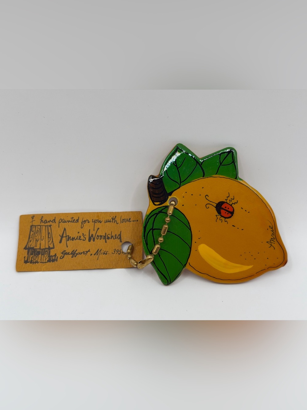Vintage Annie's Woodshed Hand Painted Lemon Wooden Charm Keychain NWT